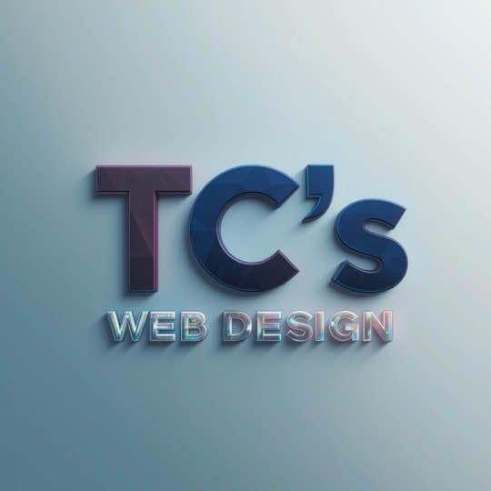 3D text logo on a light blue background reads TCs WEB DESIGN The top line TCs is bold dark and glossy while WEB DESIGN below is smaller with a metallic iridescent effect